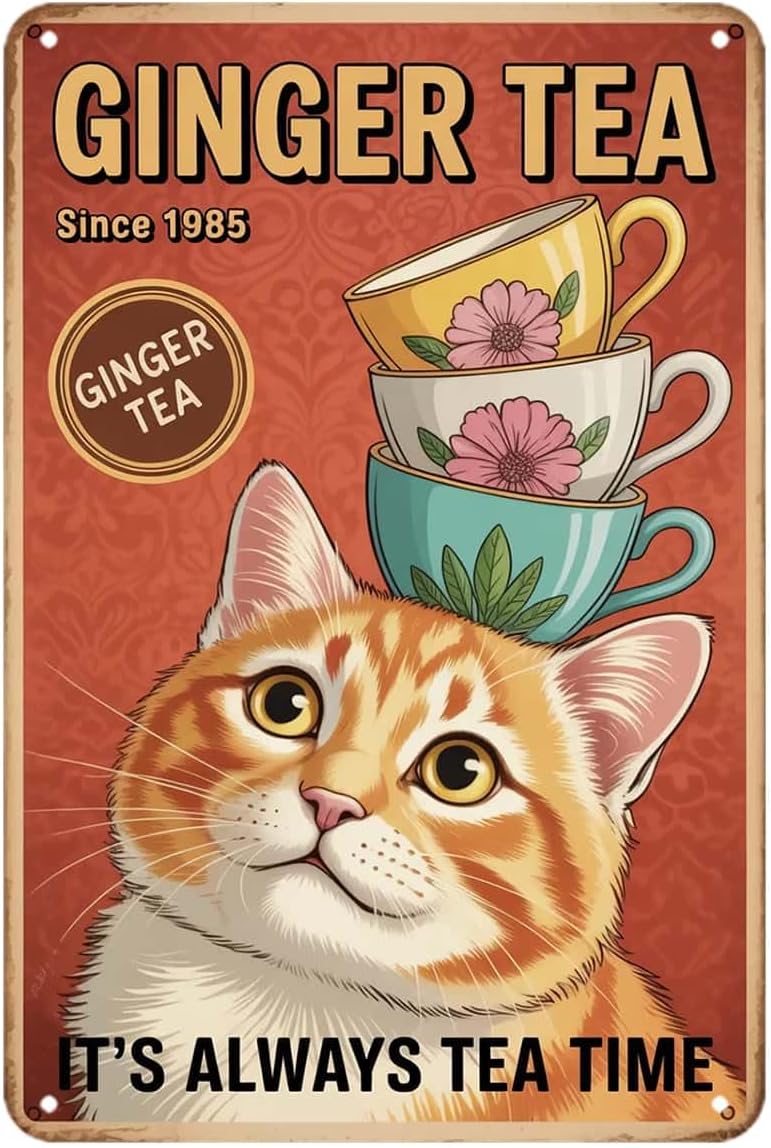 Ginger Tea - Leuke katten- en gembertheeblikkenbord, grappig dierenmotief,